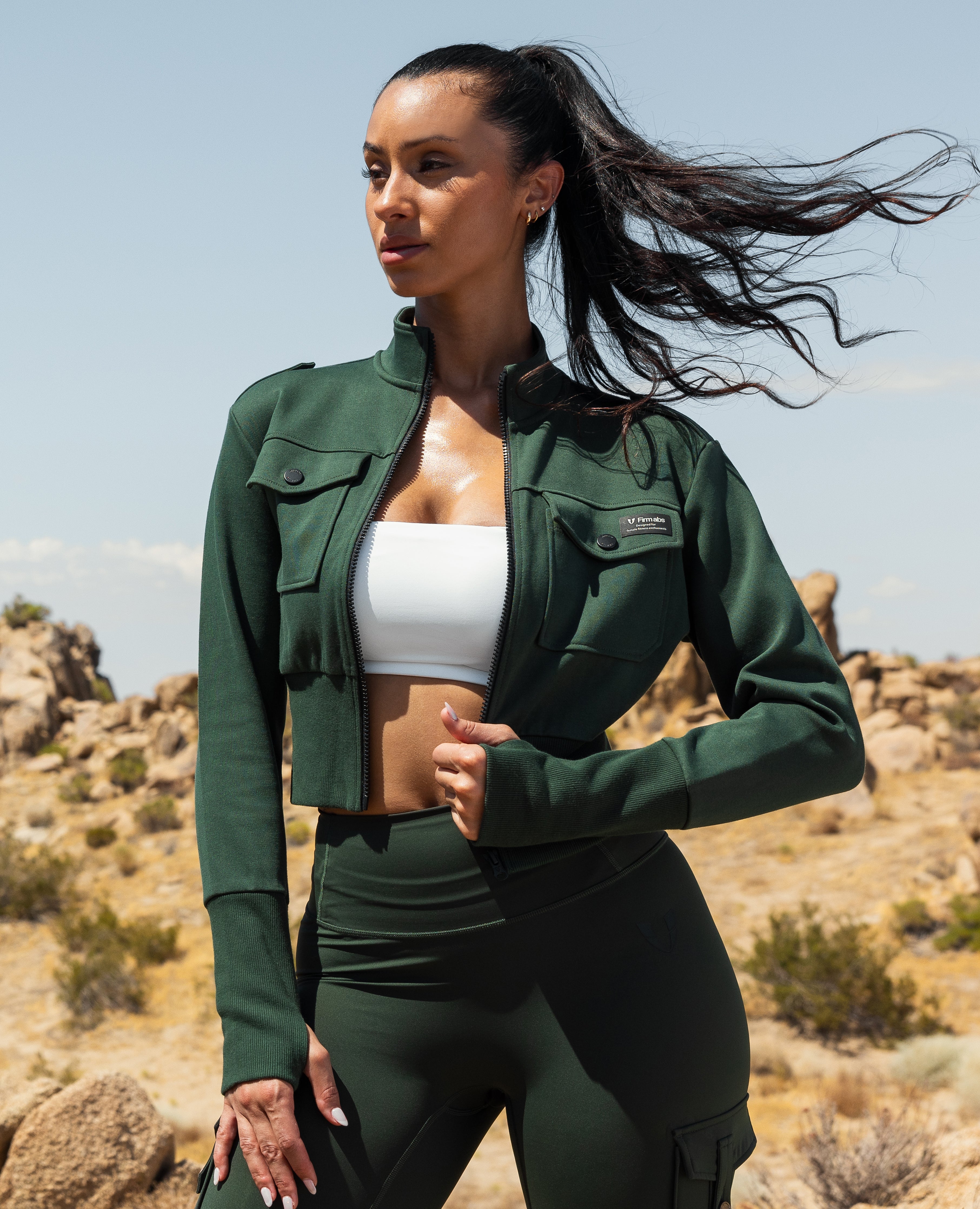 Loose Fit Active Crop Jacket - Dark Army Green