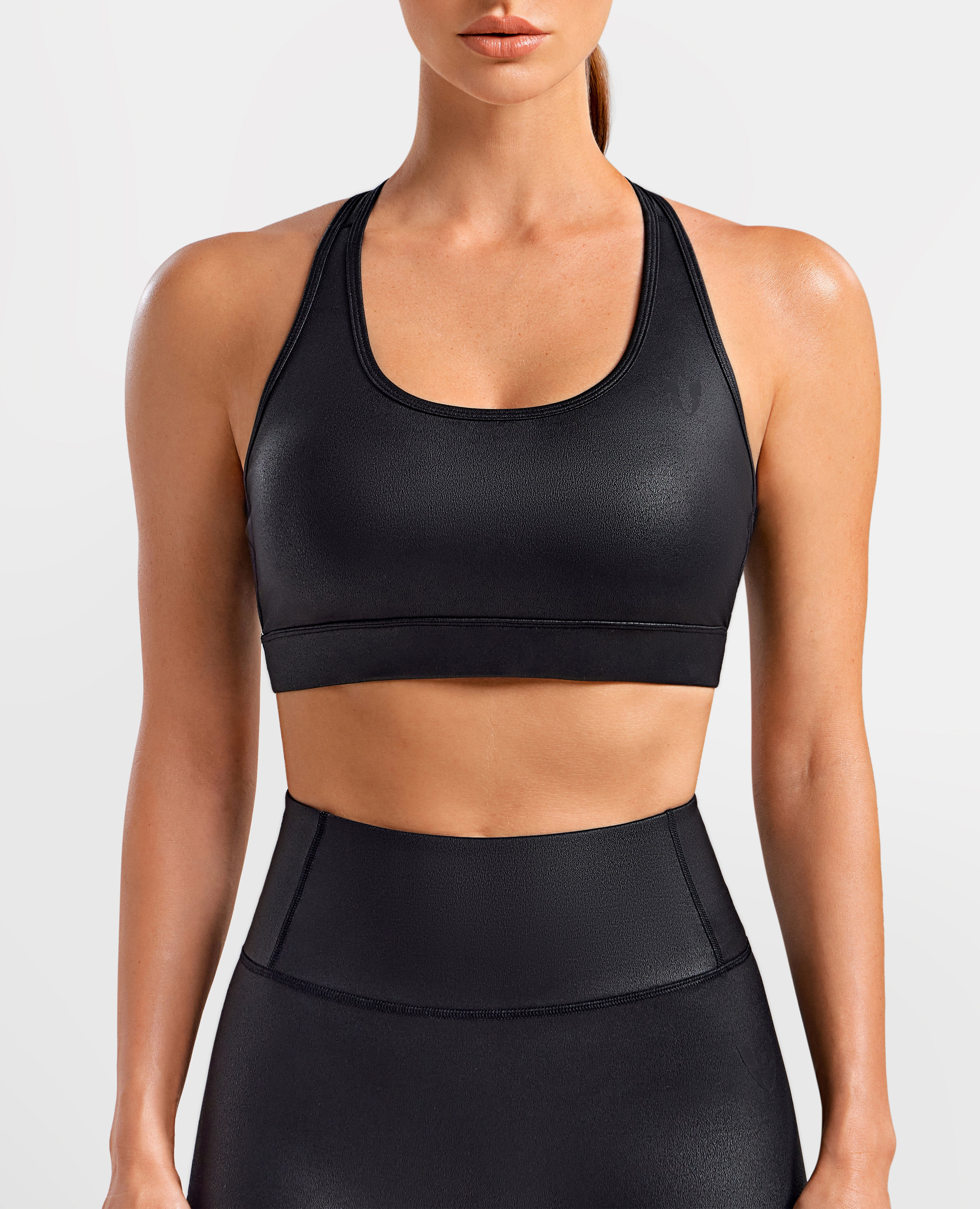 Faux Leather Active Bra - Black