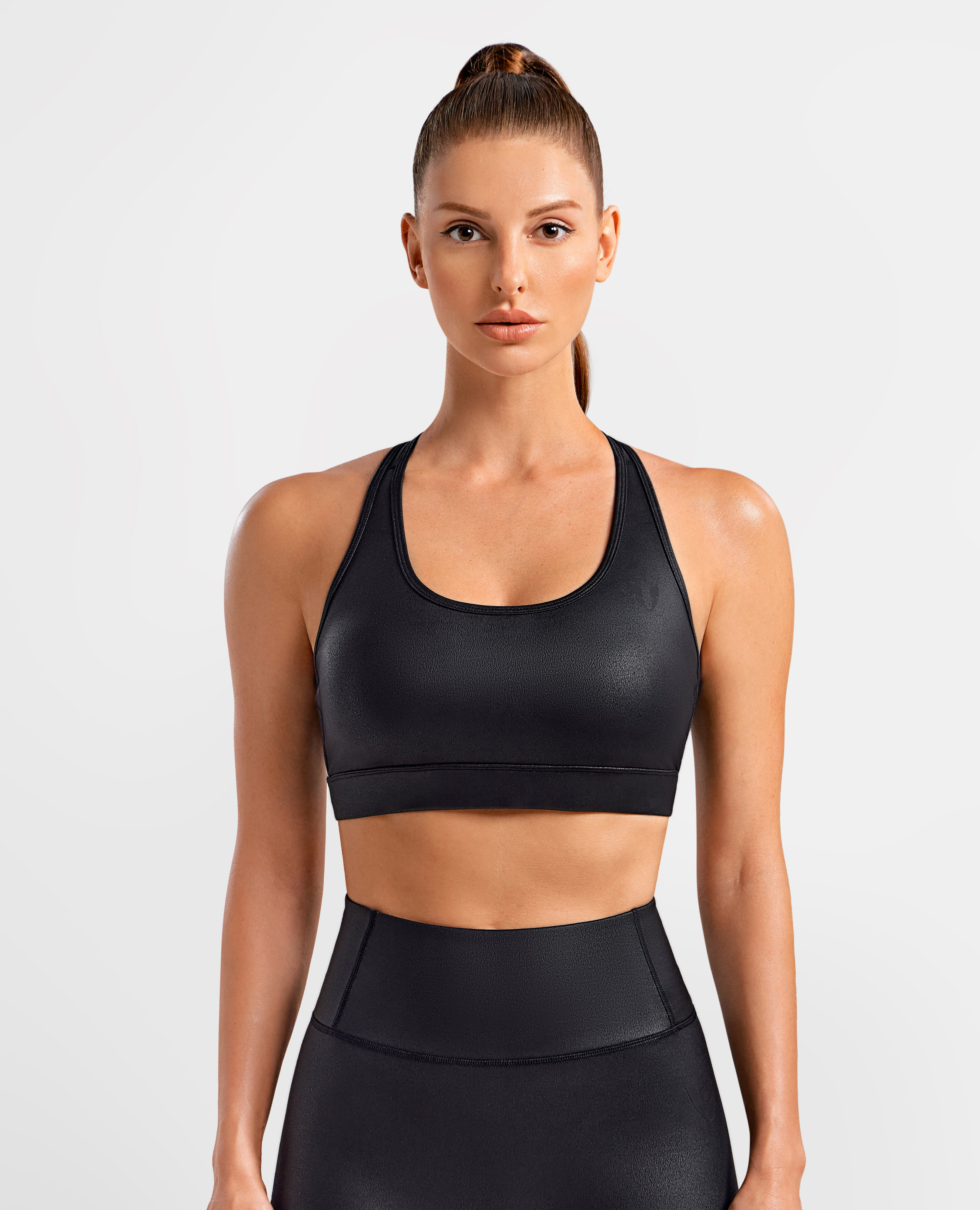 Faux Leather Active Bra - Black