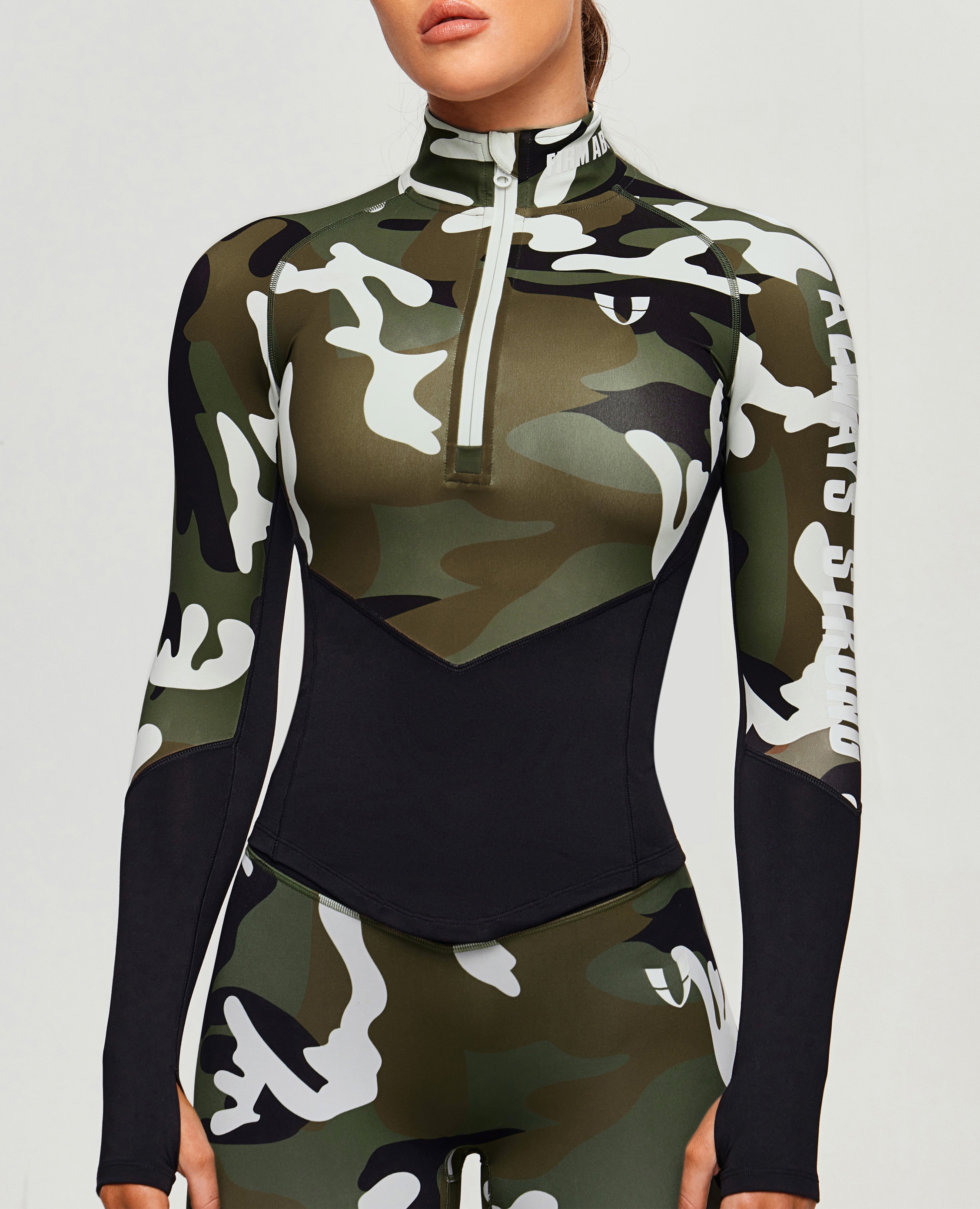 Half Zip Long Sleeve Top - White Green Camo