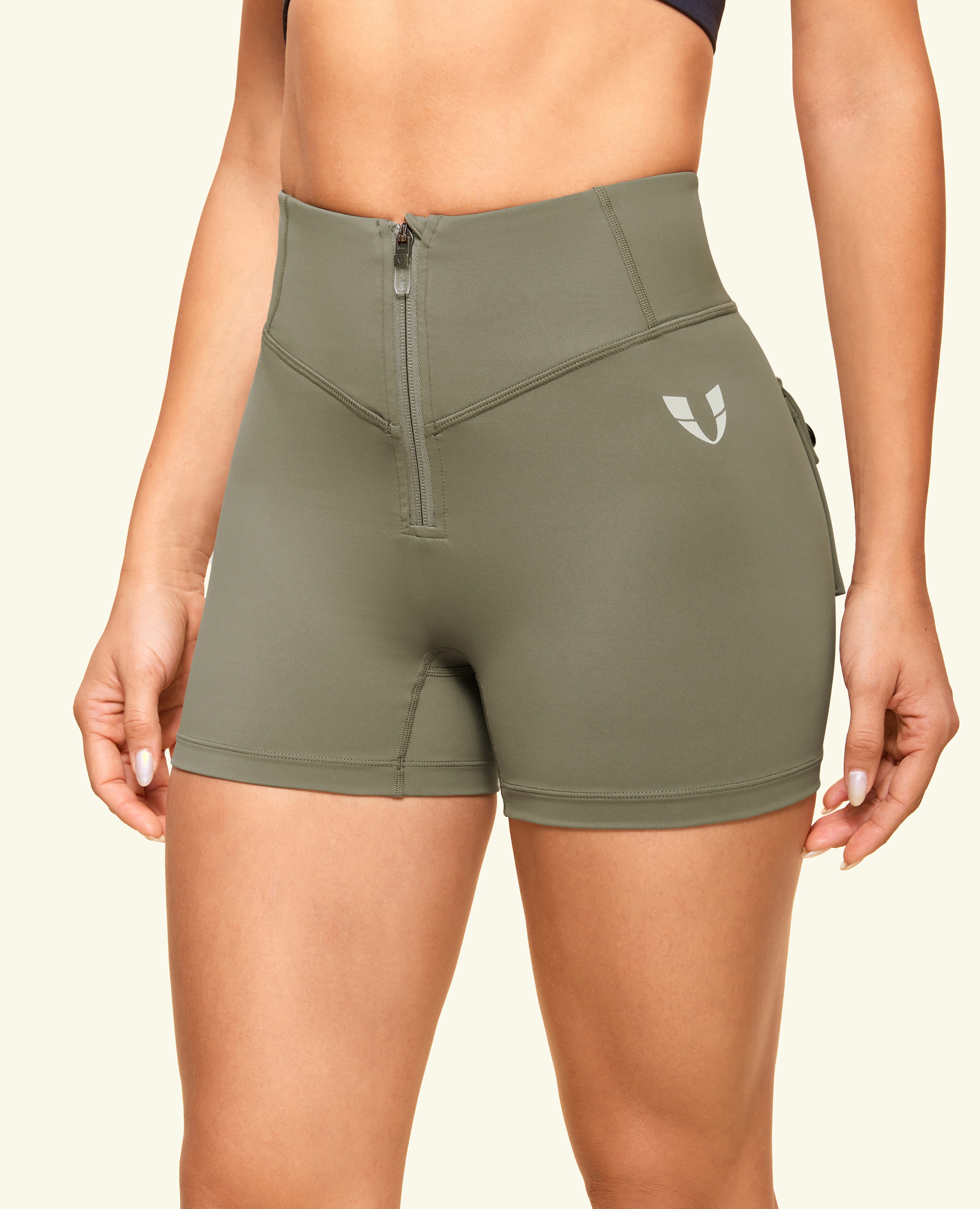 Zip Front Pocket Shorts - Army Green