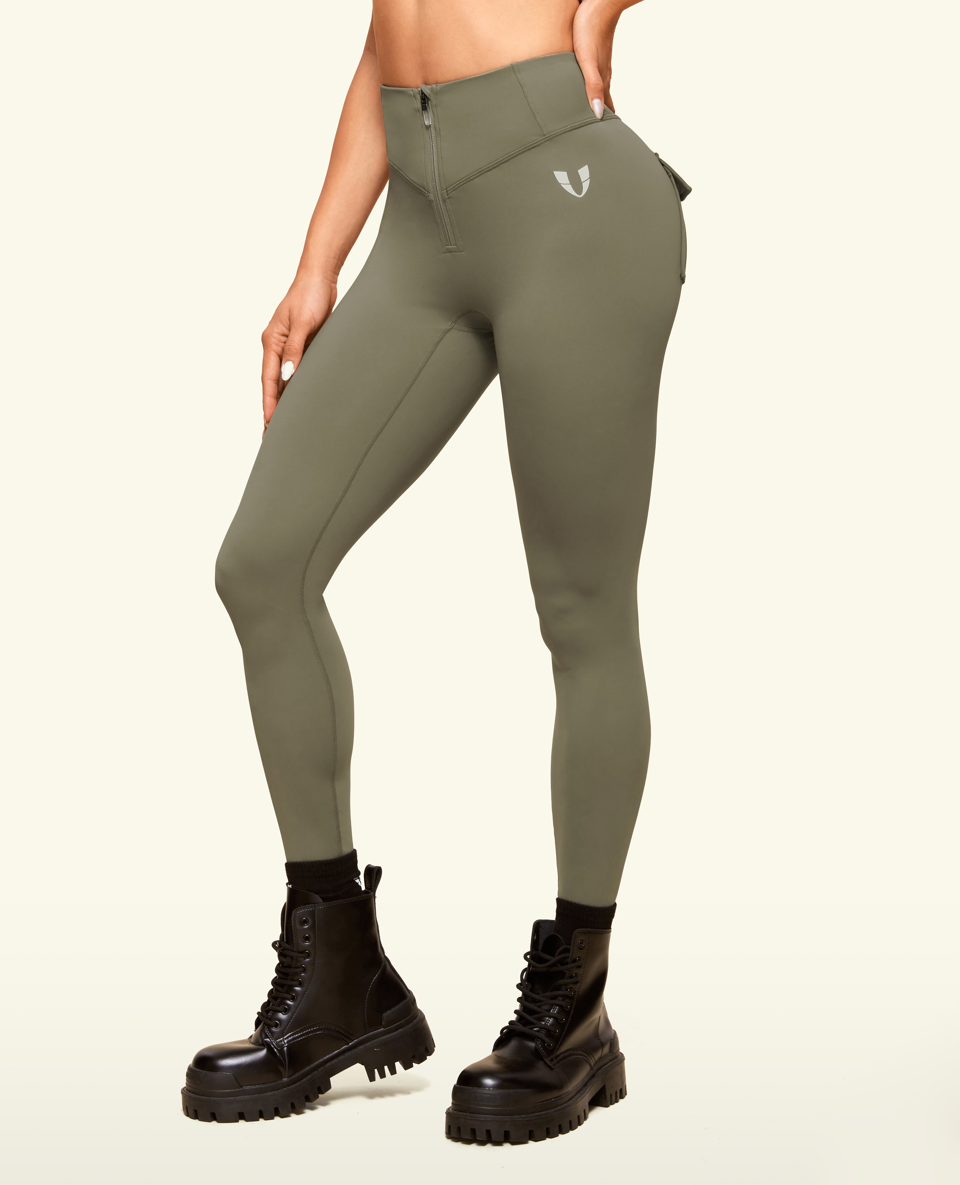 Zip Front Pocket Powerful leggings - Army Green