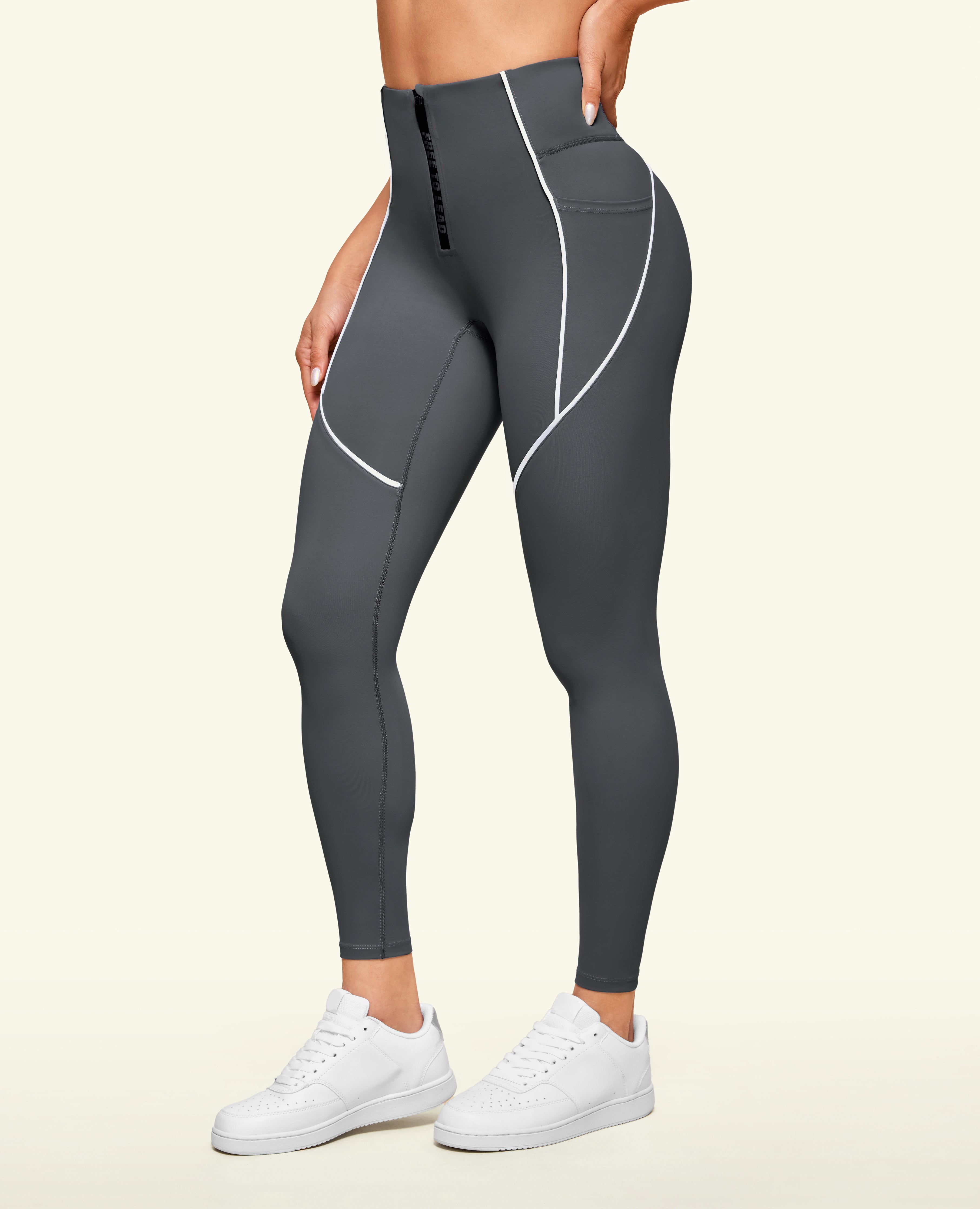 Zip Front High Waist Pocket Leggings - Grey