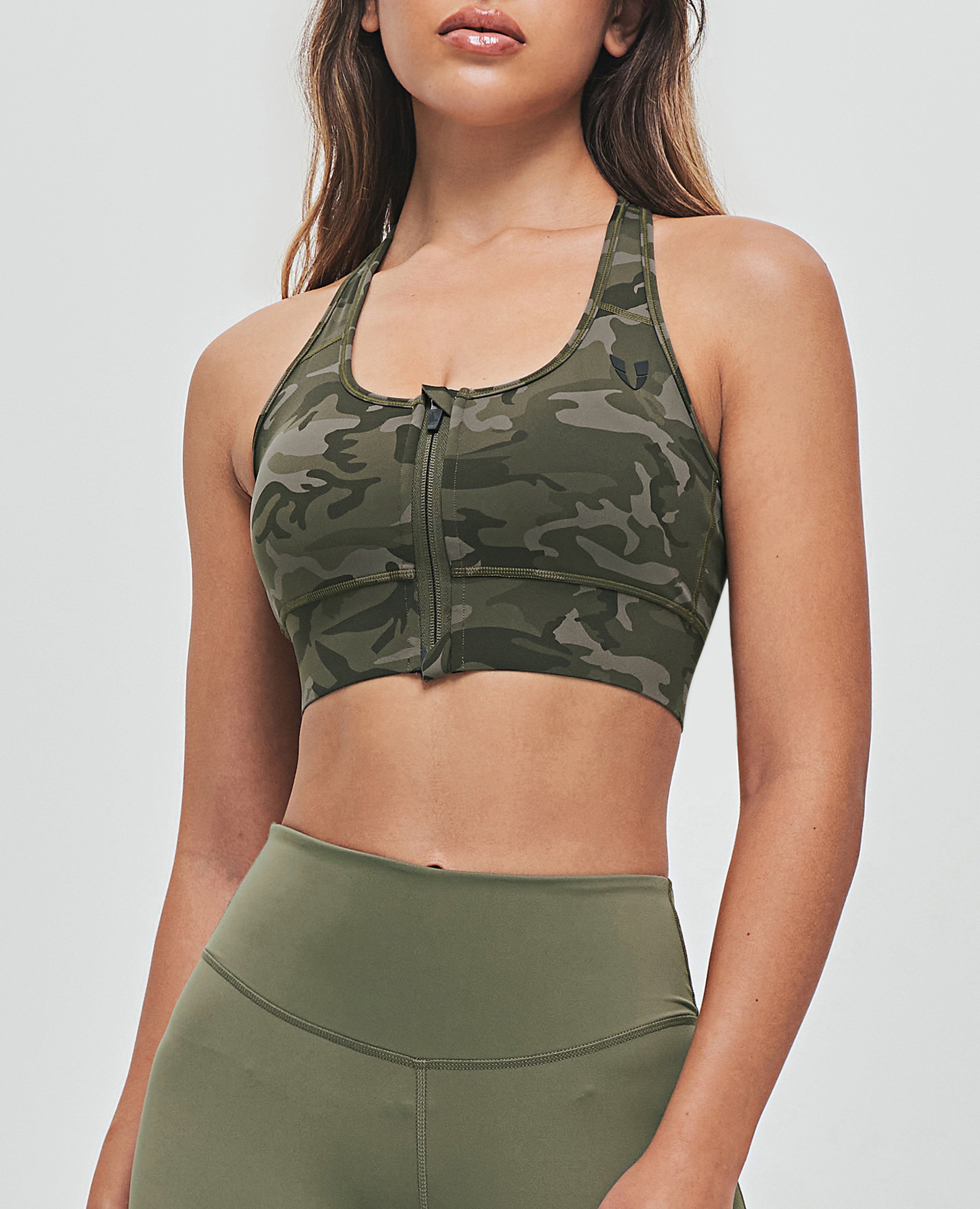 Zip Front Sports Bra - Green Camo