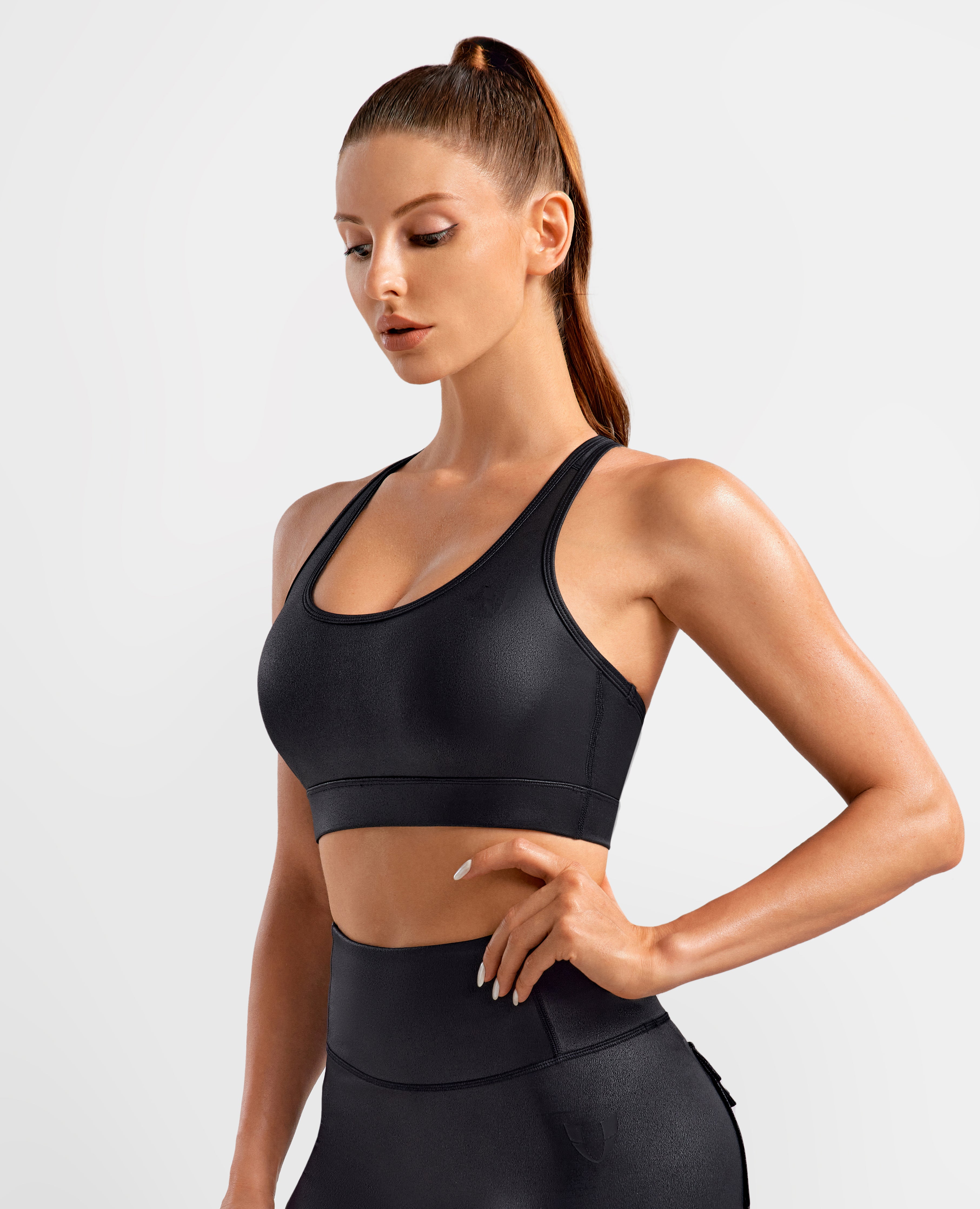 Faux Leather Active Bra - Black