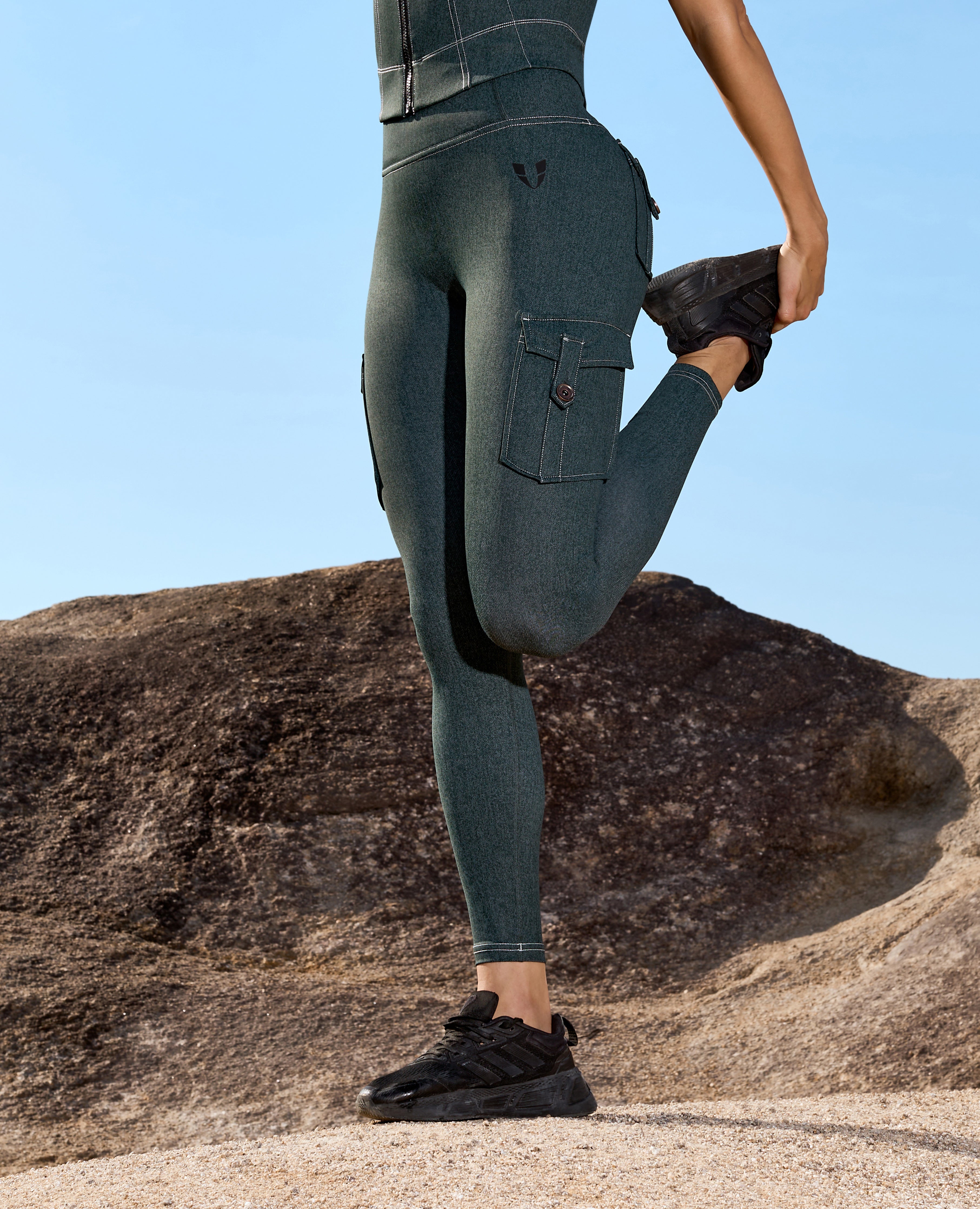 High Waisted Cargo Leggings - Denim Green