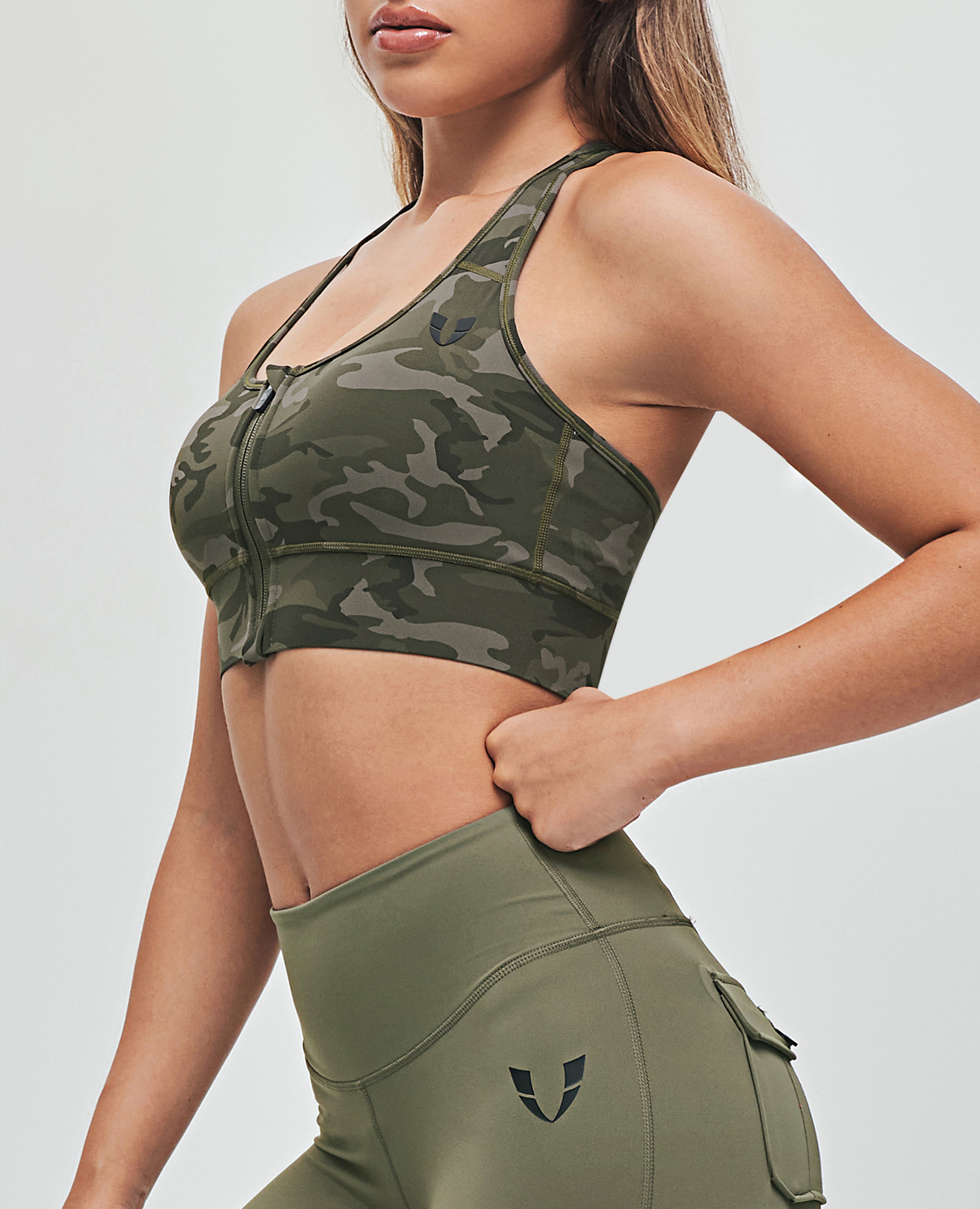 Zip Front Sports Bra - Green Camo