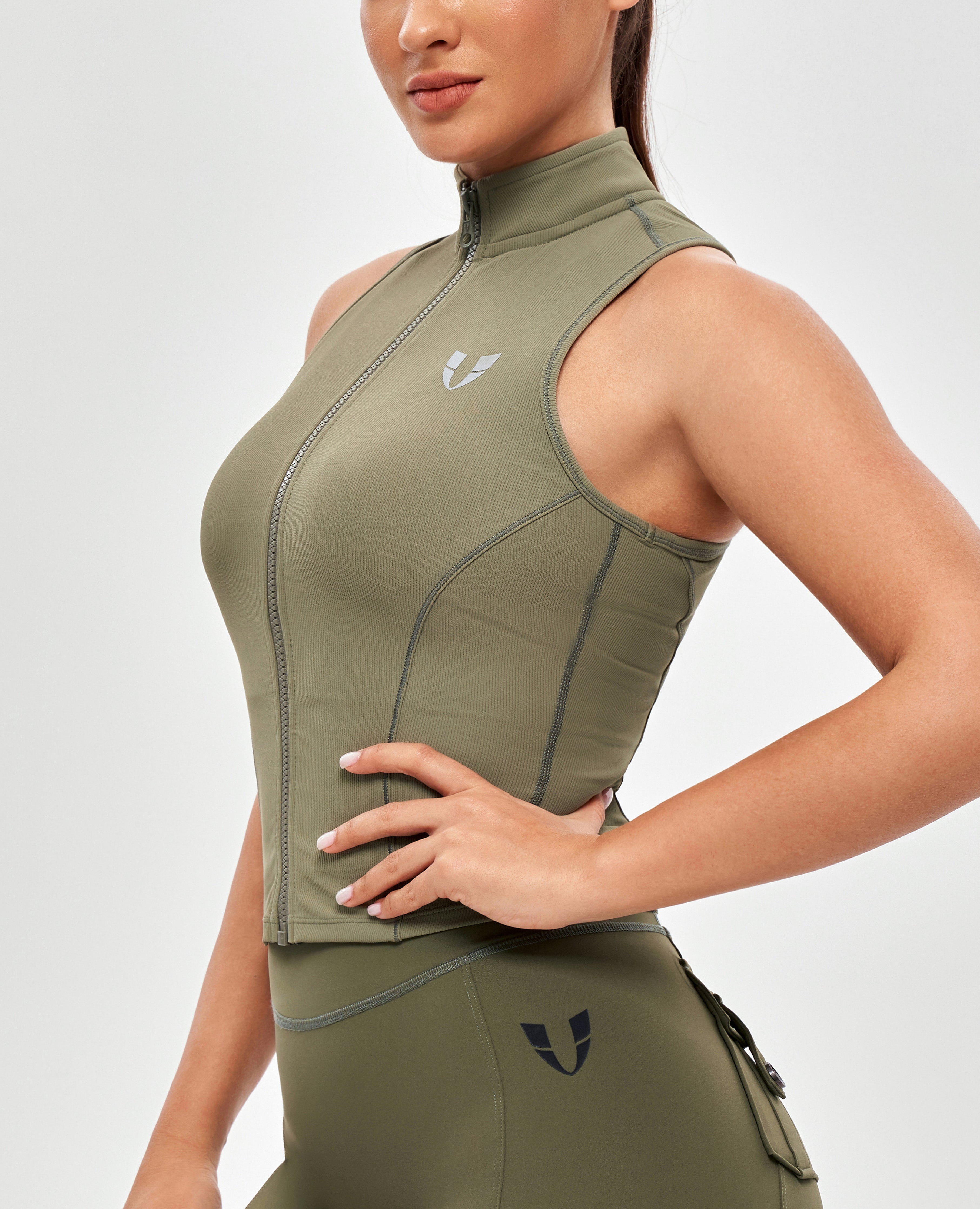 Ribbed Zip Up Tank - Olive Gray