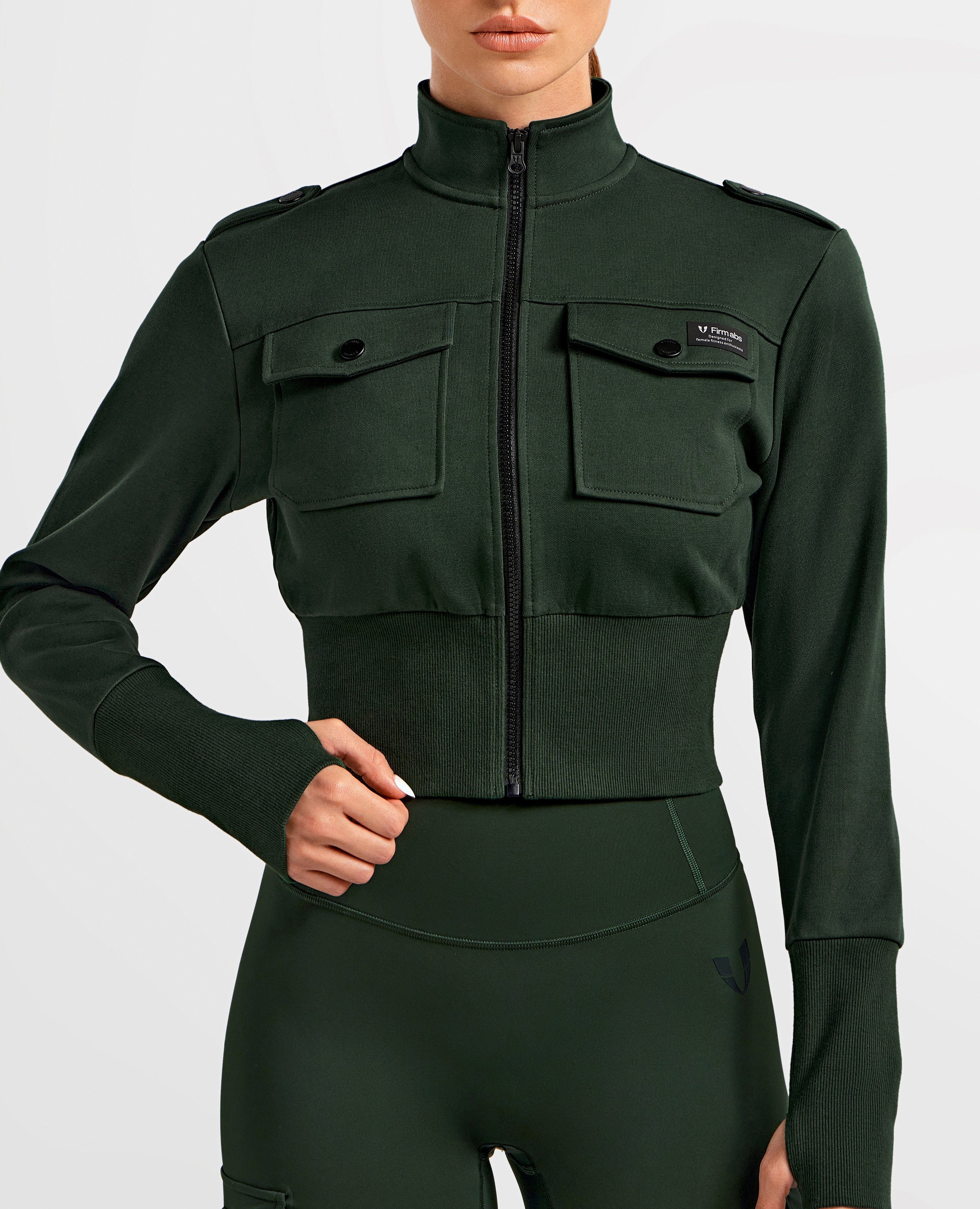 Loose Fit Active Crop Jacket - Dark Army Green