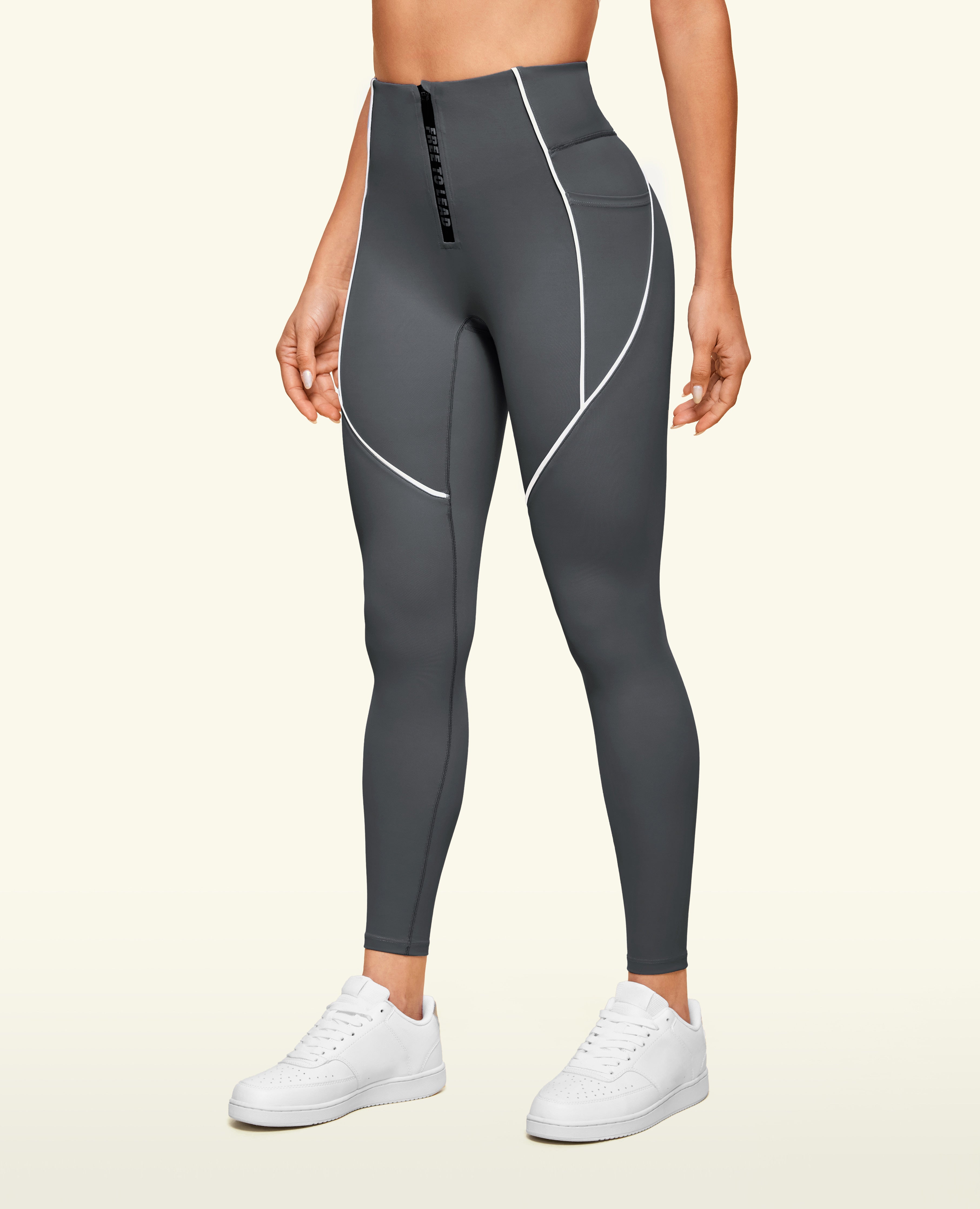 Zip Front High Waist Pocket Leggings - Grey