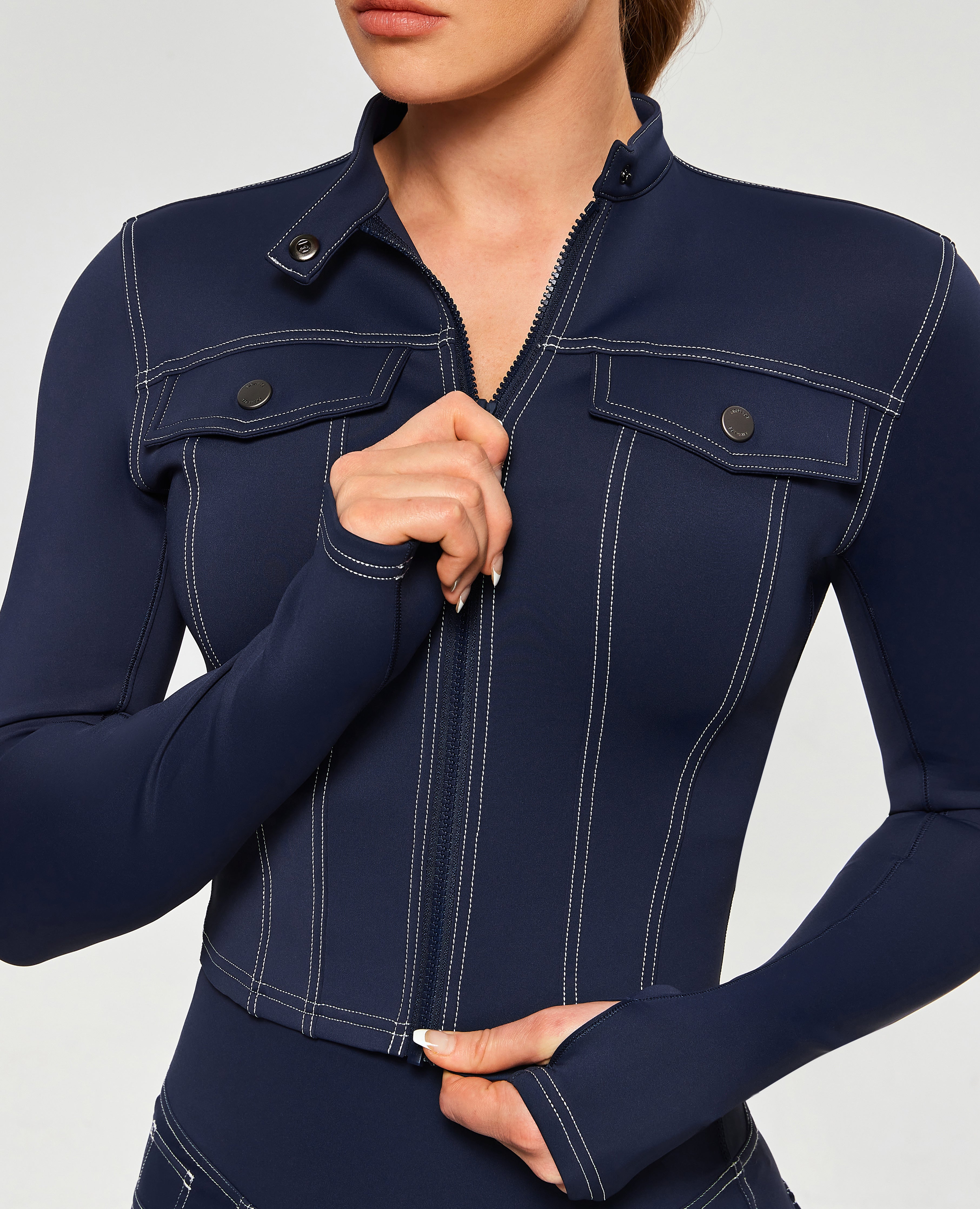 Contrast Stitching Moto Jacket - Navy Blue