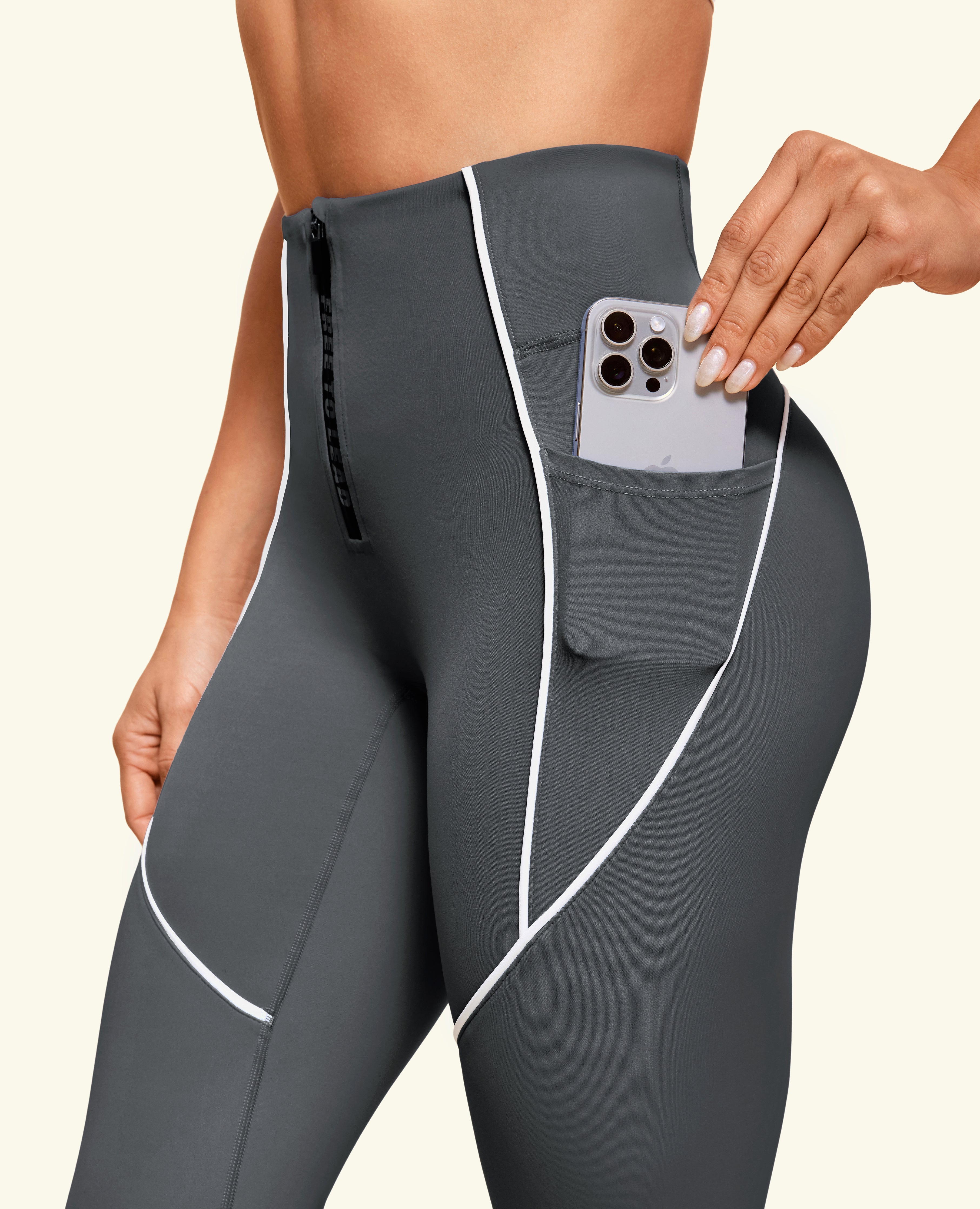 Zip Front High Waist Pocket Leggings - Grey