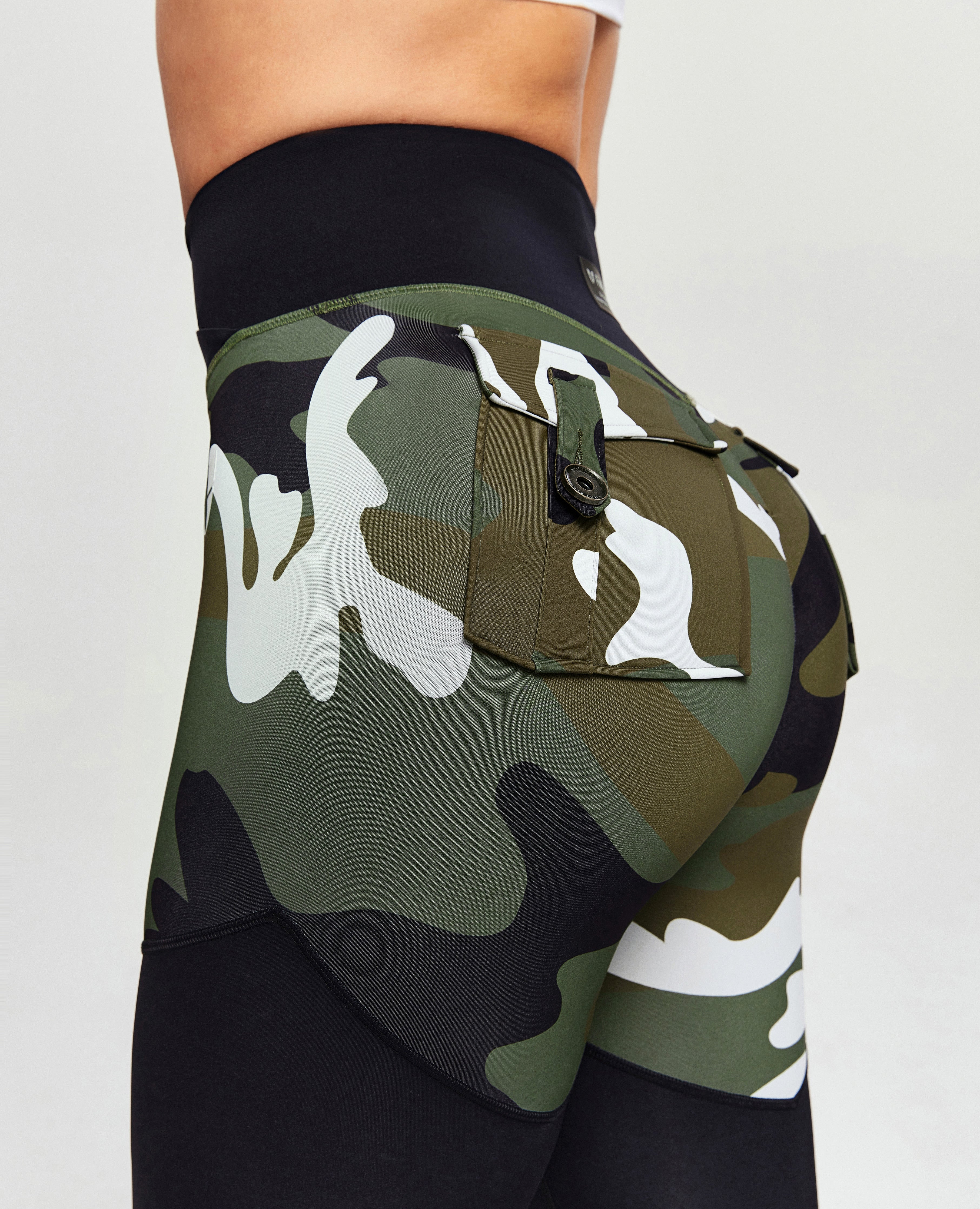 V-Waist Gym Leggings - White Green Camo