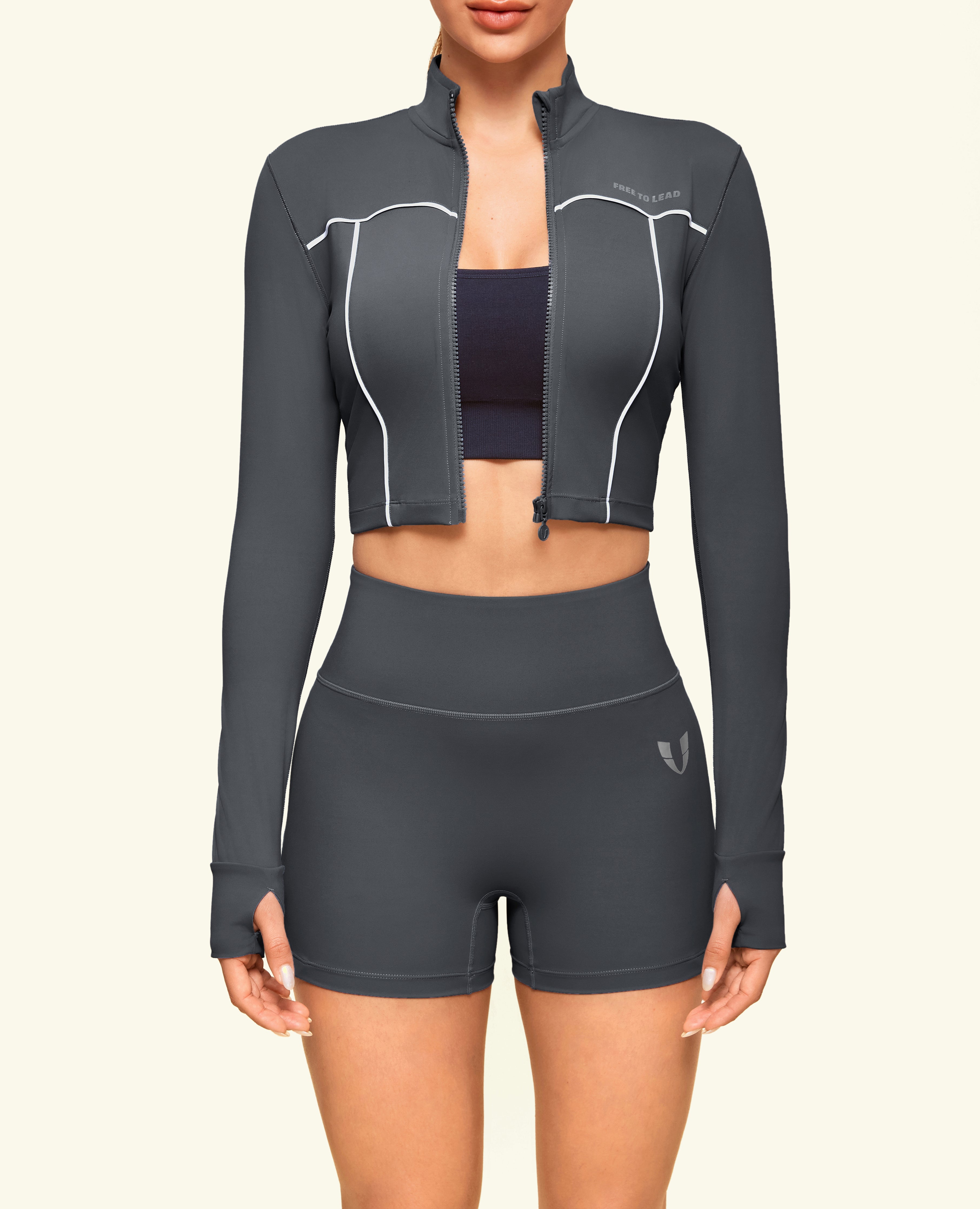 Cropped Slim Fit Workout Jacket - Grey