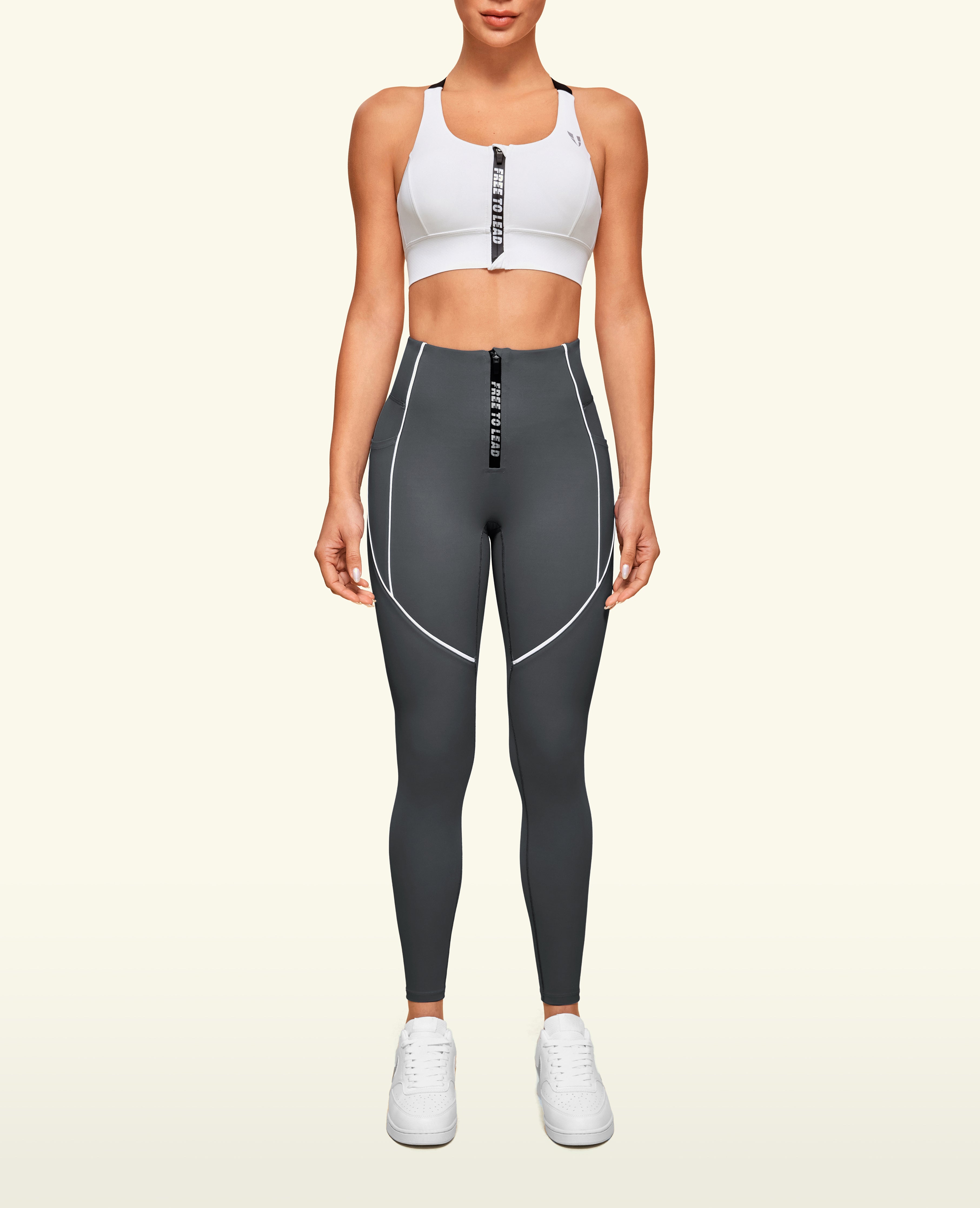 Zip Front High Waist Pocket Leggings - Grey