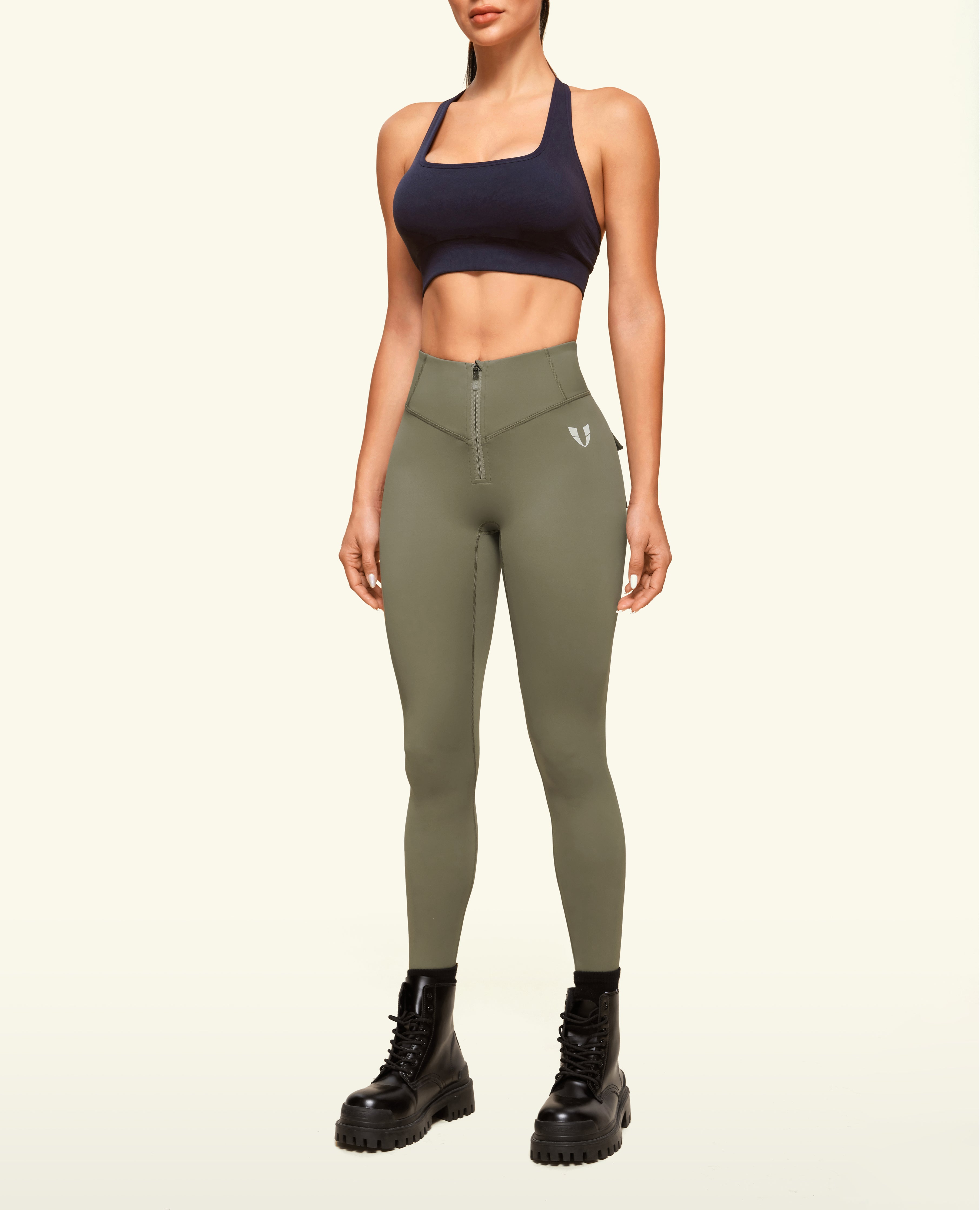 Zip Front Pocket Powerful leggings - Army Green