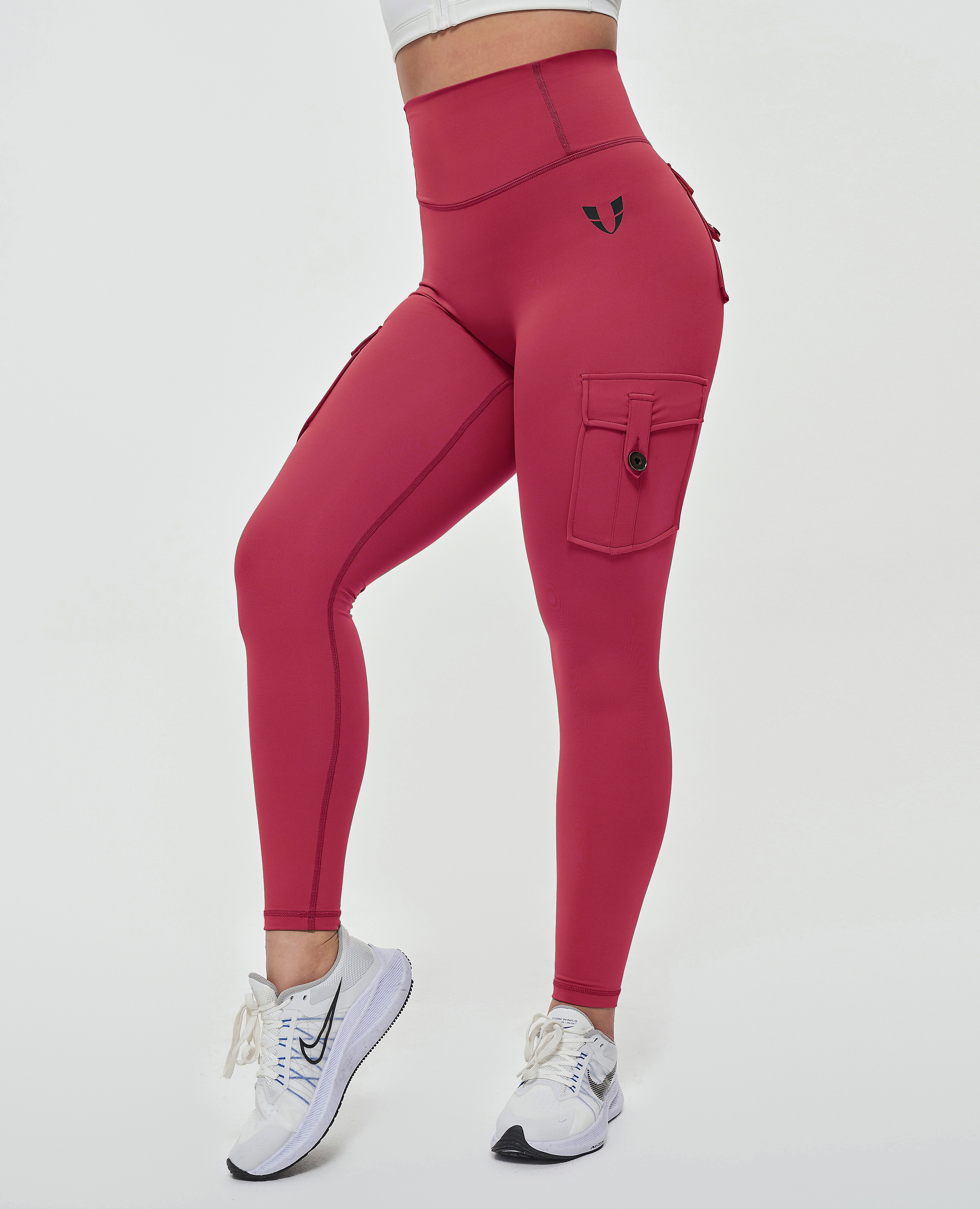 Solid Tricot High Waist Tummy Control Sport Leggings with Cargo