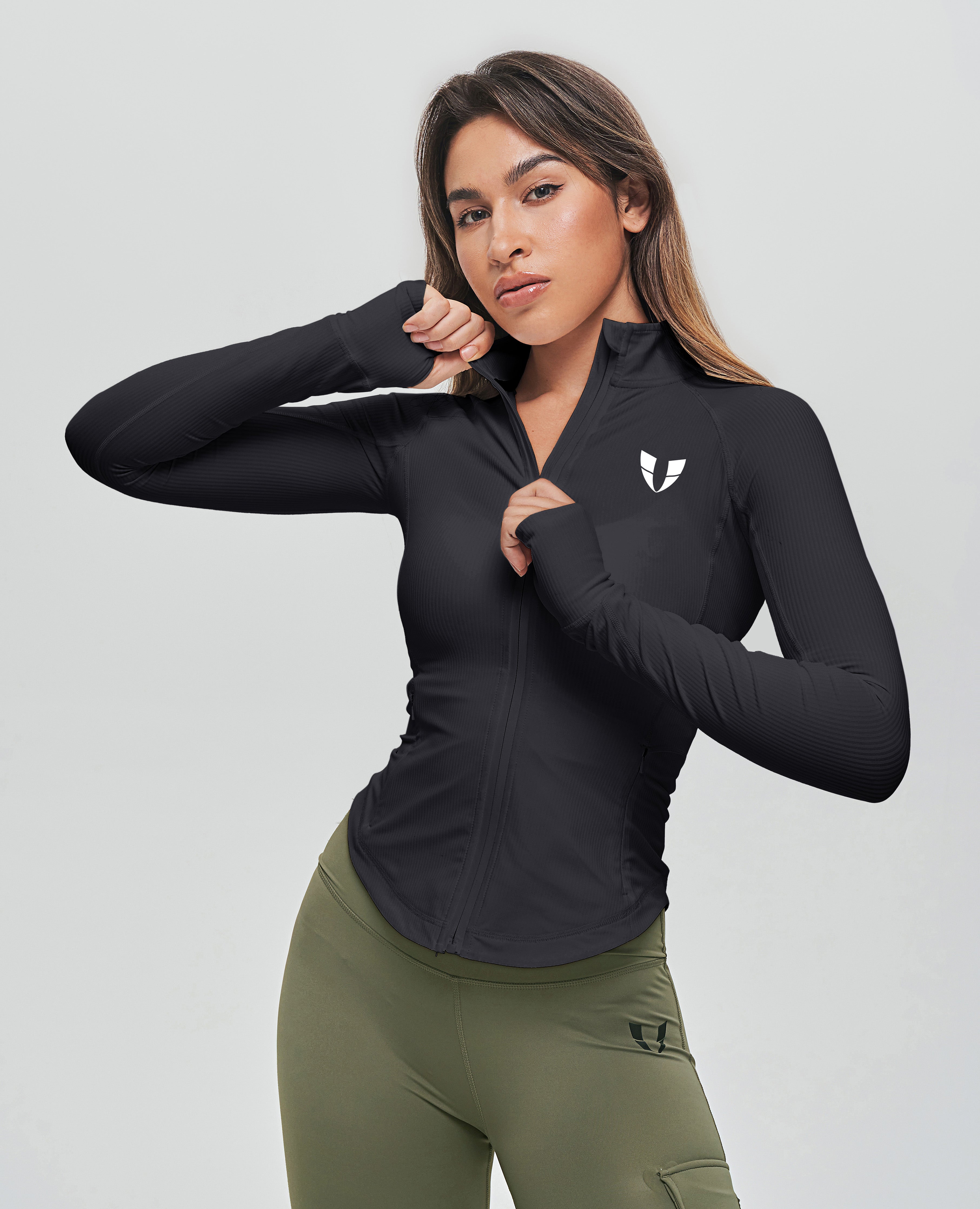  Women's Cropped Workout Jacket Front Zip Stretchy Fitted Long  Sleeve Crop Top Activewear Black Small : Sports & Outdoors